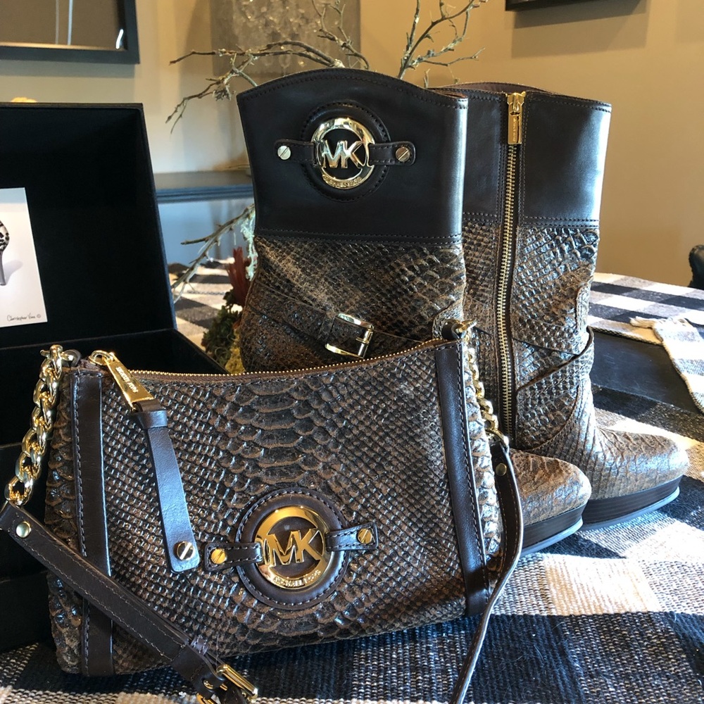 Mk Brown Python Embossed Leather Short Boots - image 5